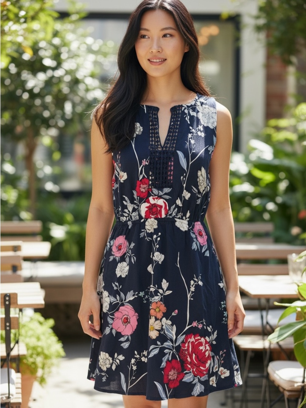 Market & Spruce Navy Floral Sleeveless Dress with Pink & Red Blooms